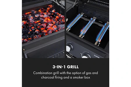 Barbecue KLARSTEIN KINGSVILLE SMOKER - COMBINÉ BARBECUE Á GAZ / CHARBON DE BOIS /FUMOIR - 3 BRÛLEURS EN ACIER INOX - 13,5 KW - ARGENT